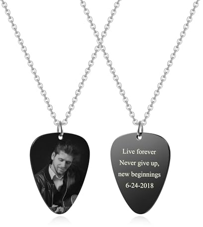 JSDDE Personalisiert Kette Plektrum Anhänger mit Fotogravur und Textgravur Gitarre Plektrum Kette Personalisiertes Geschenk für Hip Hop Rapper Musikliebhaber