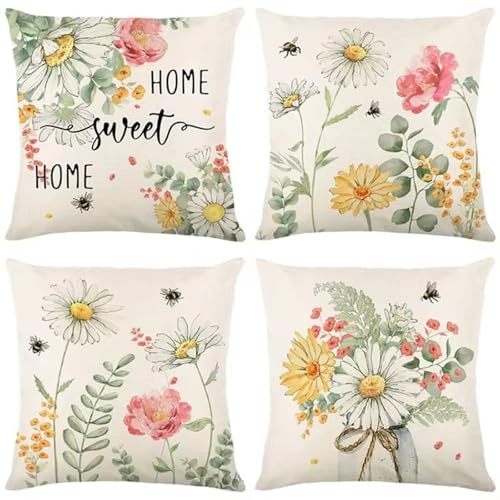 Lzonge Kissenbezug 35x35 cm 4er Set Kissenhülle Leinen Sofakissen Waschbar Textil Outdoor Kissenhülle Mit Reißverschluss Kissenhülle Groß Für Sofa Wohnzimmer Kinderzimmer Garten Balkon Blumen S8042