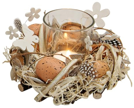 Osterkranz Ostergesteck Braune Eier mit Teelichtglas - Osterdeko mit Schmetterling und Blumen, Tischdeko Ostern, Osterkerze