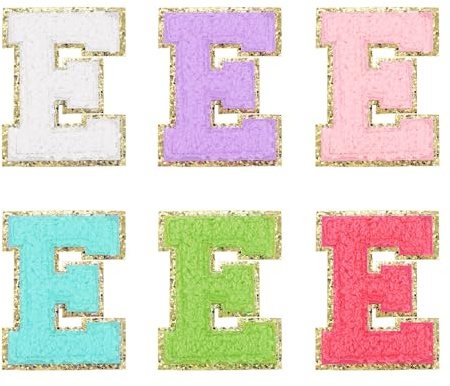 QUARKZMAN 6 Stück Buchstaben zum Aufbügeln,Selbstklebende Chenille-Buchstaben E mit Glitzer-Goldrand,gestickter Patch zum Aufbügeln für Kleidung, Tasche, Laptop, Handyhülle