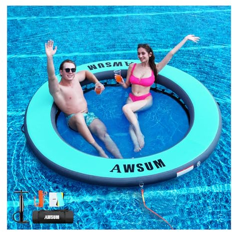 AWSUM Station de natation gonflable Sunchill - Île flottante Sunchill - Île de bain - Île d'eau - Matelas - Plateforme de bain ronde avec filet - Bouée de natation - 180 cm