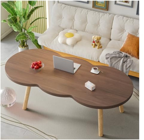 Table basse ovale moderne du milieu du siècle avec rangement petite table centrale pour salon, pieds en bois massif, finition noyer, design compact (L 99 x l 48 cm)