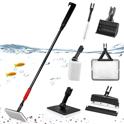 PORFOYO Juego de herramientas de limpieza para acuario, 6 en 1, con barra extraíble, red de pesca, raspador de algas, cepillo de esponja, rastrillo de arena, juego de limpiador de acuarios para