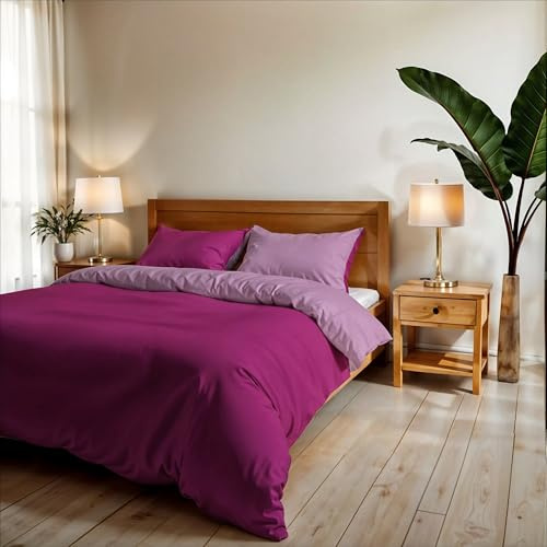 TESSILBOSIO Parure Copripiumino Matrimoniale 250x200 cm, Made in Italy - Patella e 2 Federe 50x80 cm – Double Face Tinta Unita – Sacco con Fissaggio Sotto Materasso (Matrimoniale, fucsia/lilla)