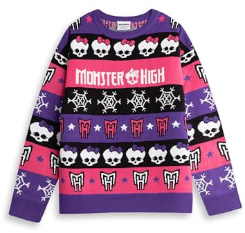 Monster High Lila Rosa Svart Vit Jultröja Dam | Långärmad Rund Halsringning med Dödskalle- och Snöflingemotiv | Vinterkläder för Festliga Tillfällen | Merch