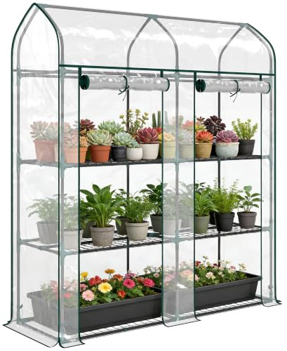 Outsunny Invernadero Pequeño de 3 Niveles 143x46x165 cm Transparente | Invernadero de Exterior, 2 Puertas Enrollables, Marco de Acero, Cubierta de Plástico Anti-UV, para Cultivar Plantas, Flores