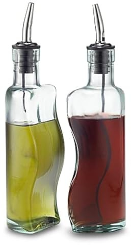 TableCraft Puzzle Shaped Oil and Vinegar Bottle Set | Steel Free-Flow Pourers (Glass, 8-Ounce)