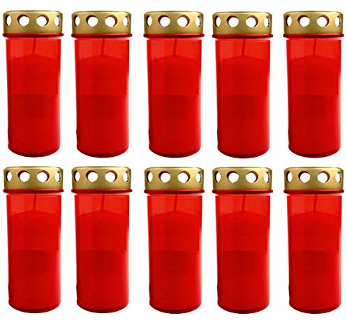 10er Set XL Grablicht Rot Grabkerze mit Deckel Großer Grabbrenner Grablaterne Grableuchte Grablampe Dauerbrenner