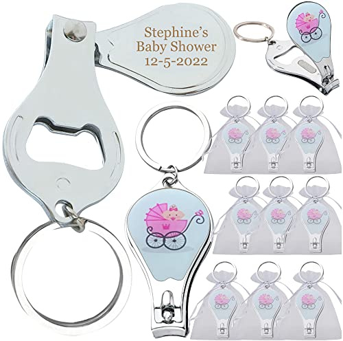 Personalized Baby Shower (12 PCS) Pink Girl Keychain Favors/Nail Clipper and Bottle Opener/Custom Laser Engraving Gift (stroller)