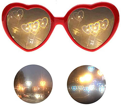 Yanyan Brille, Herz-Effekt, Beugungsbrille, Pfirsich-Herz-Effekt, Beugung, Rave-Gläser, herzförmige Effekte, Sonnenbrille, leichte Brille für Party, Unisex, Rot, 2 Stück