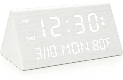 Kogonee Wooden Digital Alarm Clock, 0-100% Dimmer, 2 Alarm Settings, Weekday/Everyday Mode, 9 Mins Snooze, 12/24H, Temperature and Date Display for Office, Travel, Bedroom Alarm Clock (White)