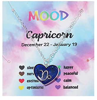 12 Constellation Color Changing Heart Necklace with Card, 12 Zodiac Heart Shaped Mood Necklace, Color Changing with Temperature, Stainless Steel, metal