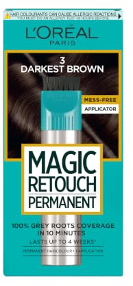 L'Oréal Paris Magic Retouch Instant Root Spray, Darkest Brown 3. Ensures flawless coverage for grey regrowth in 3 seconds. This 75ml spray offers a quick, easy, natural-looking root touch-up.