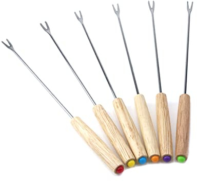 Crapyt Tenedores de fondue con mango de madera resistentes al calor, colores surtidos, 6 unidades para asar, parrilla, parrilla, queso, chocolate, fondue, olla caliente, malvavisco, fruta carne