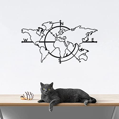 Weltkarte aus Metall, Wanddekoration, 3D-Weltkarte, Wanddekoration aus Metall, für Wohnzimmer, Schlafzimmer und Haus, Geschenk, Wanddekoration, Schwarz (118 x 68 cm/46 x 27 cm)