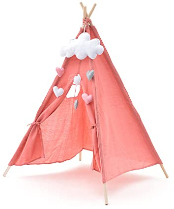ROBINCOOL Kindertipi Montessori Kalpana, 80 x 80 x 110 cm, für drinnen und draußen, aus rosa Stoff, mit dekorativer Wolke, für Kinder ab 1 Jahr