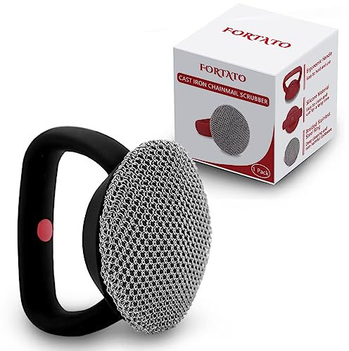 Cast Iron Cleaner, Chainmail Scrubber Brush with Handle, Small Ring Round Chain Link Pot Scrubber Cleaning Brush for Cast Iron Pans Skillet, Cast Iron Griddle, Frying Pans, Bakeware