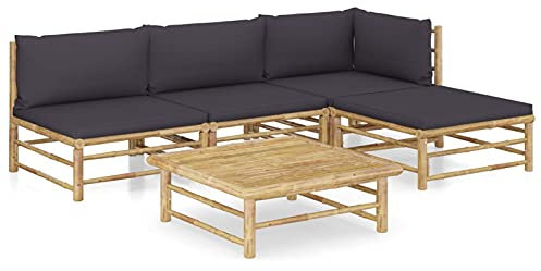 Keketa Gartenlounge Gartensofa 5-TLG. Gartenmöbel Set mit Kissen Dunkelgrau Balkonmöbel Balkonlounge Garten Lounge Sofa Sitzgruppe Sofagarnitur Terrassenmöbel Ecksofa Bambus