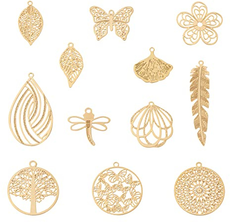 PandaHall Pendentifs en filigrane en acier inoxydable - Plante, feuille et fleur - Breloques géométriques gravées en métal pour la fabrication de bijoux