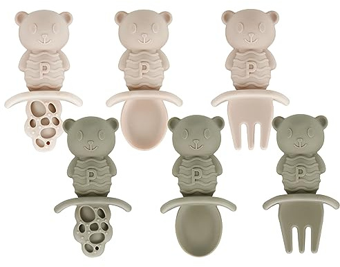 PandaEar 6 Pack Baby Led Weaning Spoons Forks 6+ Months | Silicone Baby Spoons and Fork Self Feeding Utensils, Toddler Infant Anti-Choke Feeding Utensils, Bear Shape (Light Tan/Walnut)