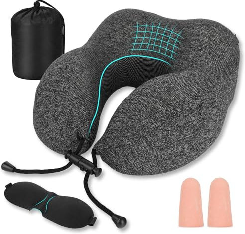 Reisekissen, tolles Nackenkissen aus Memory-Schaumstoff, Kopfstütze, Nackenhörnchen Reise mit Schlafmaske, Ohrstöpsel, Tasche, weiches Kissen zum Schlafen, Flugzeug, Auto, Büro und Zuhause (Grau)