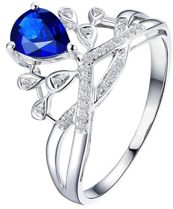 Verlobungsring, Eheringe Weißsgold 18 Karat Weißgold Krone Lab Saphir 0.42CT Blau Tropfenschliff VVS mit Diamant Natur Weiß Größe 60 (19.1) Gravur