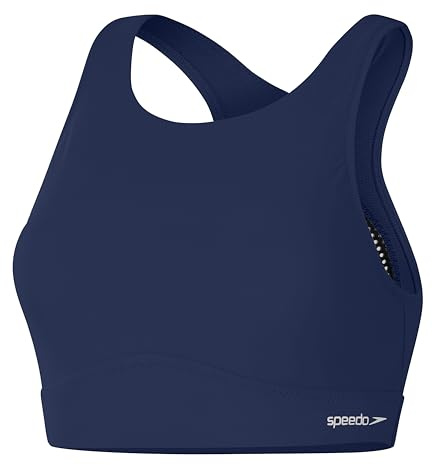 Speedo Haut à Col Haut uni avec Filet, Natation Fitness, Design Élégant Haut à Col Haut uni avec Filet pour Femme, Bleu Céruléen, XL