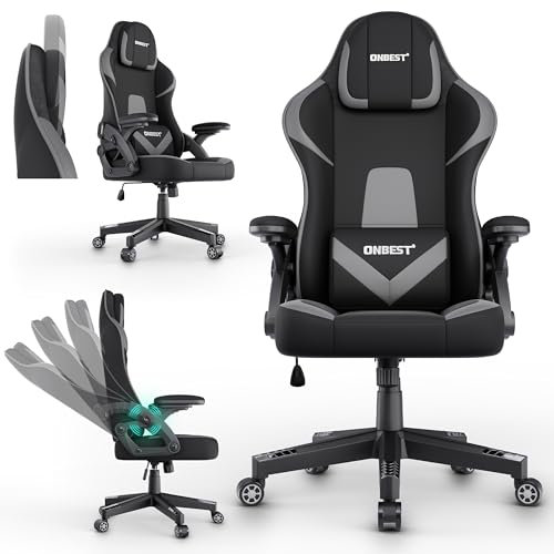 Onbest Premium Gaming Stuhl ergonomisch – verstellbares Nackenkissen – Lordosen Kissen – 360° Universal-Rollen – 150 kg Belastbarkeit – Stoffbezug – Armlehnen gepolstert – Gamingsessel (Grau)