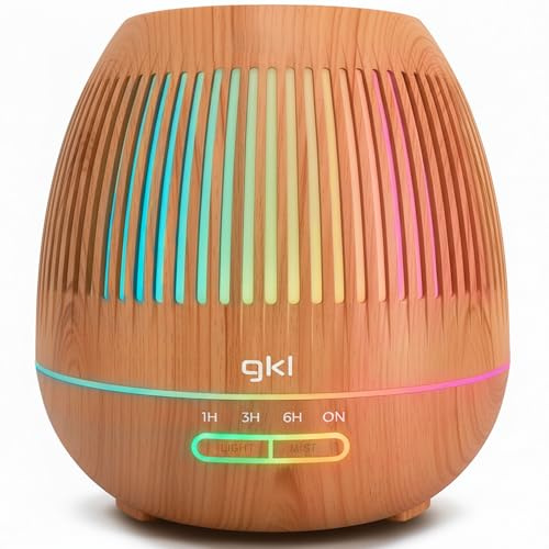 GKL Humidificador Ultrasónico y Difusor de Aromas con Temporizador, Nature Essence 400 ml, Temporizador 6 Horas, 7 Colores LED, Función Aromaterapia, Ultrasilencioso aromatizador
