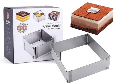 OUGPIU Eckig Verstellbar Backrahmen, 5cm Hoch, Edelstahl Backform, Quadratische Kuchenform, Kuchenform Eckig zum Backen und für die Zubereitung von Schichttorten