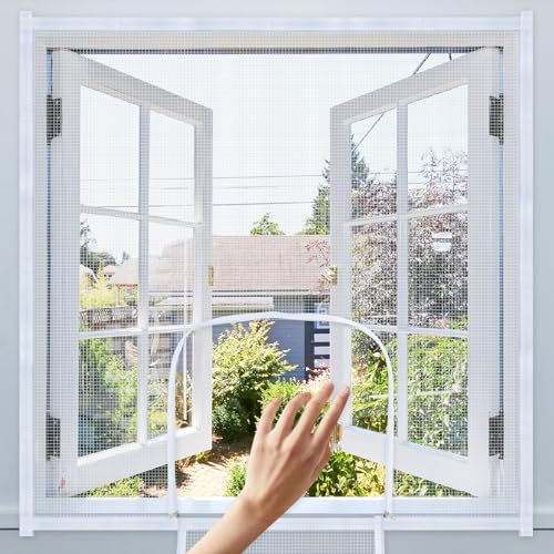 Reinforced Thickened Window Screen, 48 x 48 Inch Adjustable DIY Window Mesh Net to Keep Fly Bug Mosquito Out, Cat Proof Window Guard with Zipper Opening for Small Dog Puppy Pet Door