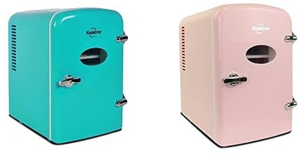 Koolatron Retro Mini Fridge 4L Small Fridge 6 Can Table Top Mini Fridges 12V Portable Cooler Green + Retro Mini Fridge 4L 6 Can Quiet Mini Fridges for Skincare Food Drinks Home Car & Travel Pink
