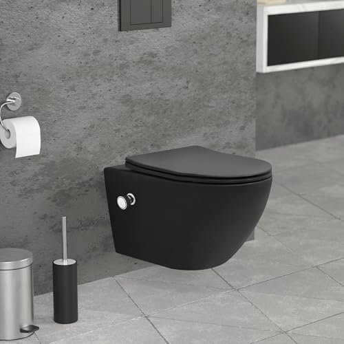 LuxeBath WC Sospeso Senza Bordo in Ceramica Nero Rivestimento Nano con Funzione Bidet Sedile Soft-Close in Duroplast Chiusura Ammortizzata Sciacquone Tornado Vaso Toilette Design Moderno