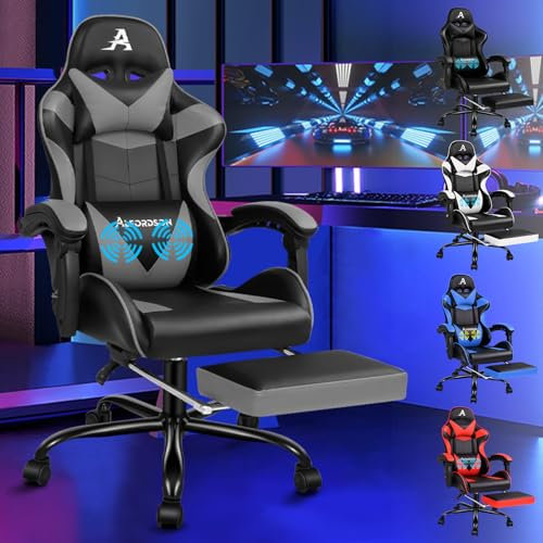 ALFORDSON Videospielstuhl, ergonomischer Bürostuhl, Massage-Rennstuhl, einziehbare Fußstütze, PU-Leder, höhenverstellbar und neigbar, 180 kg Tragkraft, Grau
