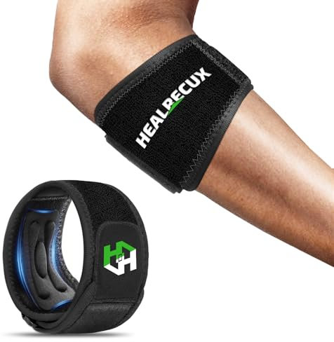 Healrecux Tennis Elbow Support Strap, Golfers Elbow Brace for Men Women, Adjustable Elbow Brace Forearm Band with Removable Compression Pad, Elbow Sleeves for Sports & Daily Work, Black