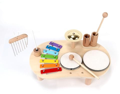 Rebecca Mobili Musikinstrument Spielzeug für Kinder, Xylophon Tamburin, Spiel aus Holz, für Kinder von 3 4 5 Jahren, Geschenkidee für Kinder - Maße HxBxT: 8 x 39 x 23 cm - Art. KR9012