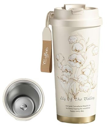Lily of the Valley Mug, Travel Coffee Mug with Lid, 500ml Stainless Steel or Ceramic Liner, Floral Leakproof Coffee Tumbler Cups, Travel Cup with Built-In Infuser, Insulated Tumbler for Women