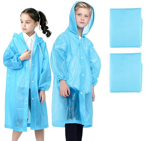 WOHSEROM 2 Pack Rain Ponchos for Kids Reusable,Thickened EVA Travel Raincoat Jacket with Hoods and Sleeves,Lightweight Light Blue Capes Ponchos for Boys and Girls Outdoor Camping Travel