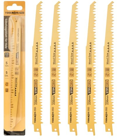 TOOLMAYS Säbelsägeblatt 5tlg. Sägeblätter Set für Holz, 230mm 5TPI | Für Hartholz, knotiges Holz und Weichholz, Säbelsägeblätter Set für schnelle und saubere Schnitte