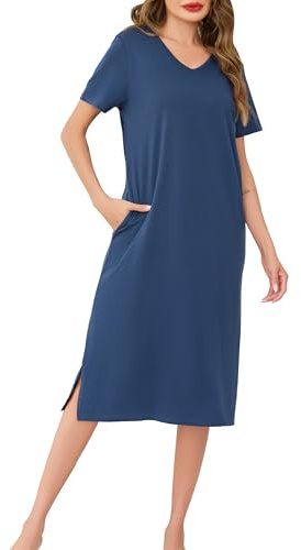 Wikoan Chemise de Nuit Femme en Coton Robe de Nuit Ete à Manches Courtes Vêtement de Nuit Col V Chemise de Nuit Longue avec Poches Bleu Cobalt XXL