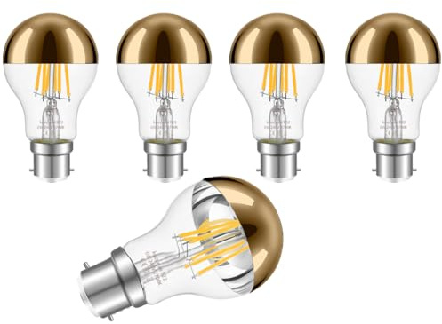 KOOYWAN B22 Bayonet Gold Crown Light Bulb-Dimmable 6W A60 A Shape Decorative Classic LED Edison Bulb Gold Mirror Tipped Reflected Light 2700K Warm White-Pack of 5