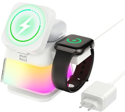 Minthouz 3-in-1 MagSafe Ladestation mit Nachtlicht, Induktive Ladestation für Apple Watch und iPhone, 15W Foldbar Wireless Charger für iPhone 16/15/14/13, Apple Watch & AirPods