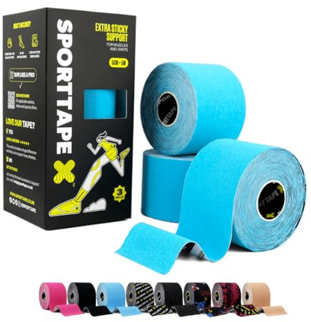 SPORTTAPE 3 Rollen Kinesiologie Tape - 5 cm x 5 m - Blau Rollen | Elastisch & Wasserfest Kinesiotapes, Tape Sport, Hautfreundlich Baumwolle, starke Haftung, latexfrei für Muskel- & Gelenk