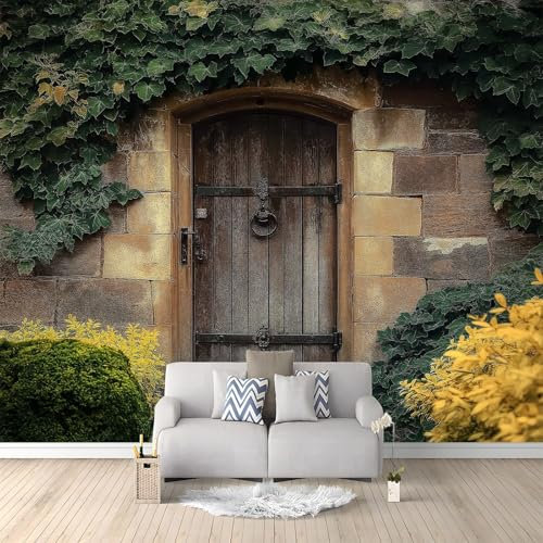 Générique Papier Peint Panoramique 3D Photographie Porte En Bois Lierre 200 x 140 cm Papier Peint Photo Mural Intissé, Poster Tapisserie Mural Personnalisé 3D Pour Salon Chambre Décoration
