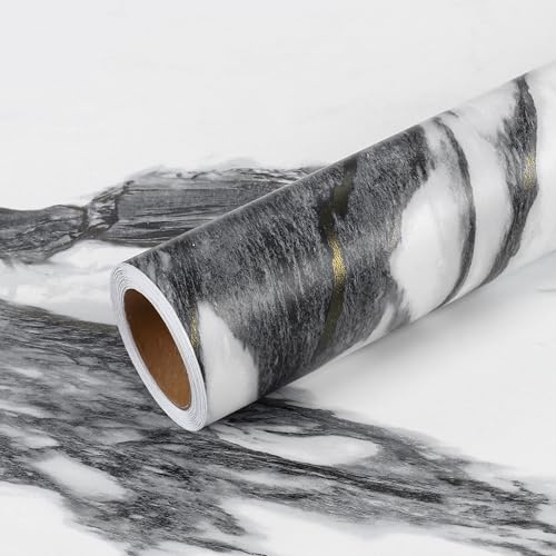 VEELIKE Schwarz und Weiß Gold Marmor Tapete Küche Rückwand Arbeitsplatte Badezimmer Abwaschbar 40 cm × 300 cm Klebefolie Marmoroptik Matt Möbelfolie Marmor Folie Küchenarbeitsplatte Esszimmer Tisch