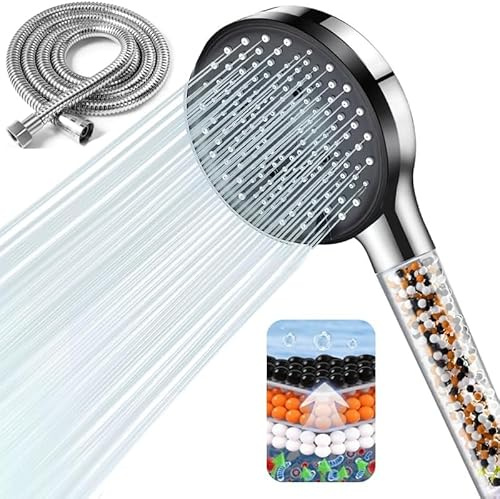 Peach Street Shower Head and 1.5M Hose,High Pressure with Bead Filter and Five Spray Modes,Used for Removing Residual Chlorine,Powerful Portable Handheld Water-Saving Shower
