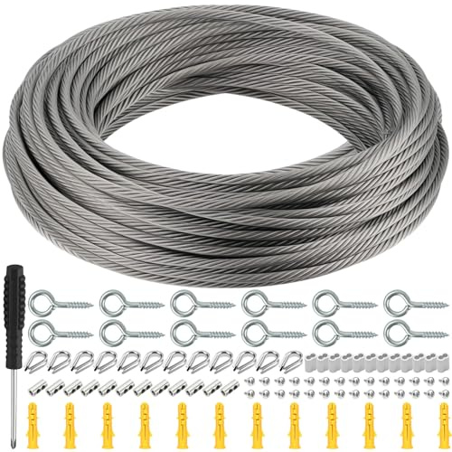 LbsAMP 60M Edelstahl Drahtseil 2MM mit Aluminiumhülsen Drahtseilklemme und M2 Drahtseil Kauschen Edelstahlseil Stahlseil Ummantelt für Rankhilfe Wäscheleine Kletterpflanzenseil Außen Garten