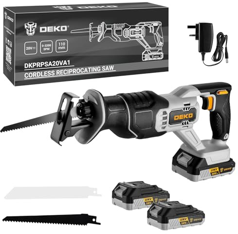 Cordless Reciprocating Saw：DEKOPRO 20V Electric Wood Saw with 2*2Ah Batteries and 2 Blades,Max 22mm Stroke,Tool-Free Blade Change,3200 SPM Variable Speed,LED Light-for Wood and Metal,PVC Cutting,Bone