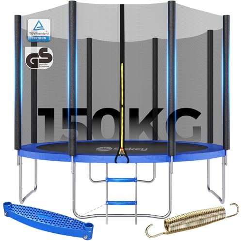 Sekey Trampolin Outdoor Ø 244/305/366 cm - TÜV Rheinland GS-Zertifiziert, Kindertrampolin Gartentrampolin mit Rutschfester Leiter, verstärktem Sicherheitsnetz und Randabdeckung 305CM 150KG, Blau