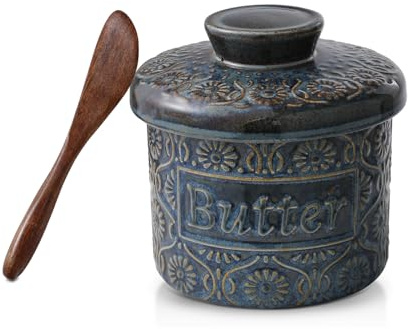 WIFORH French Design Ceramic Butter Crock, Vintage Relief Pattern, Airtight Water Seal for Spreadable Butter, Countertop Butter Crock with Lid, Blue